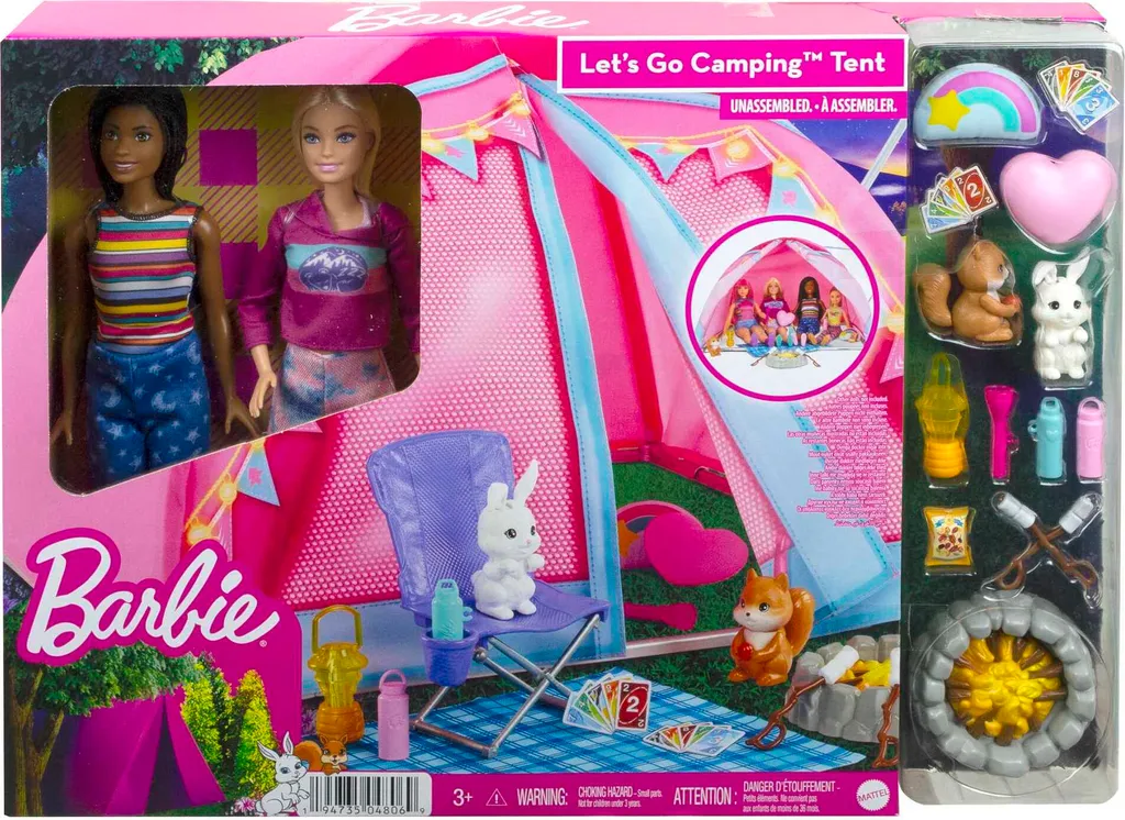 Kit camping anti-ennui avec tente spacieuse et deux poupées mode