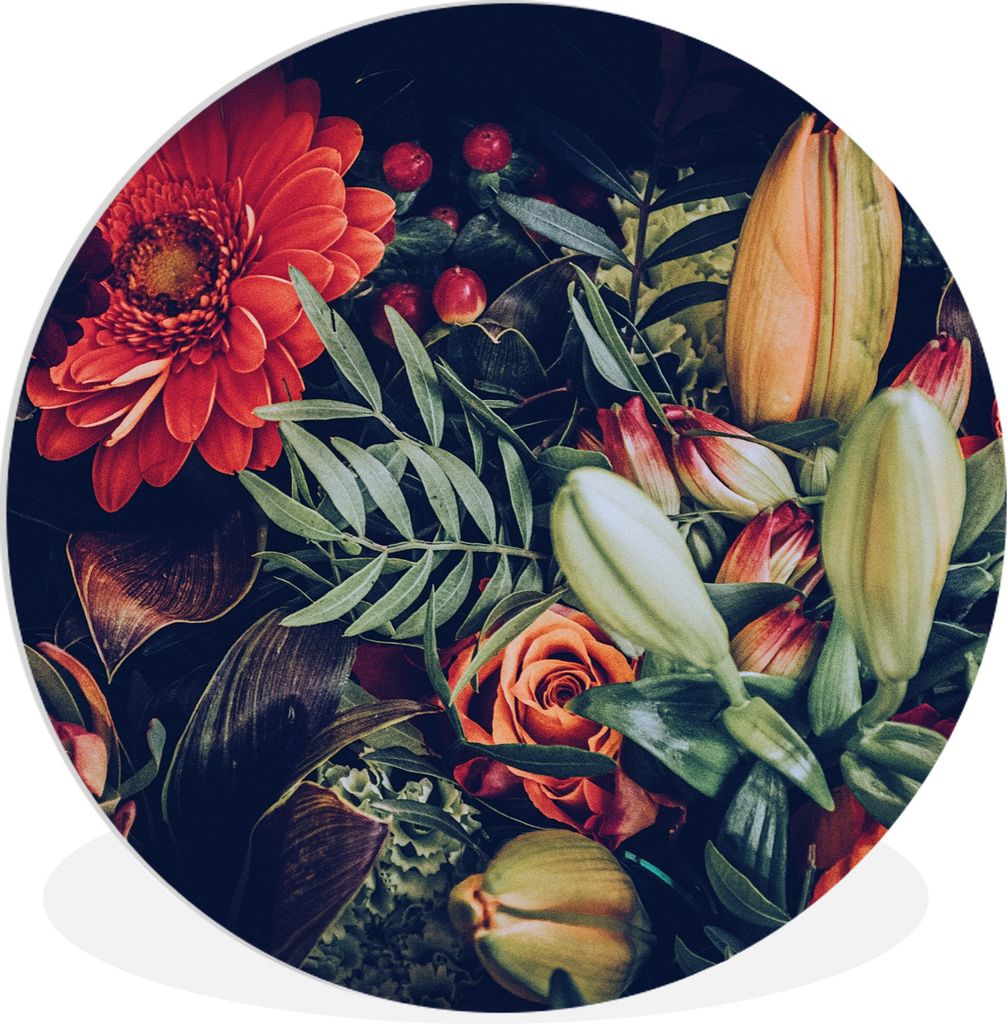 MuchoWow Rundes Wandbild - Runde Bilder Blumenstrauß - Stilleben - Blumen - Pflanzen - Rot Ø 60 cm Kreis Wanddekoration Kunststoff - Wandkreis ...