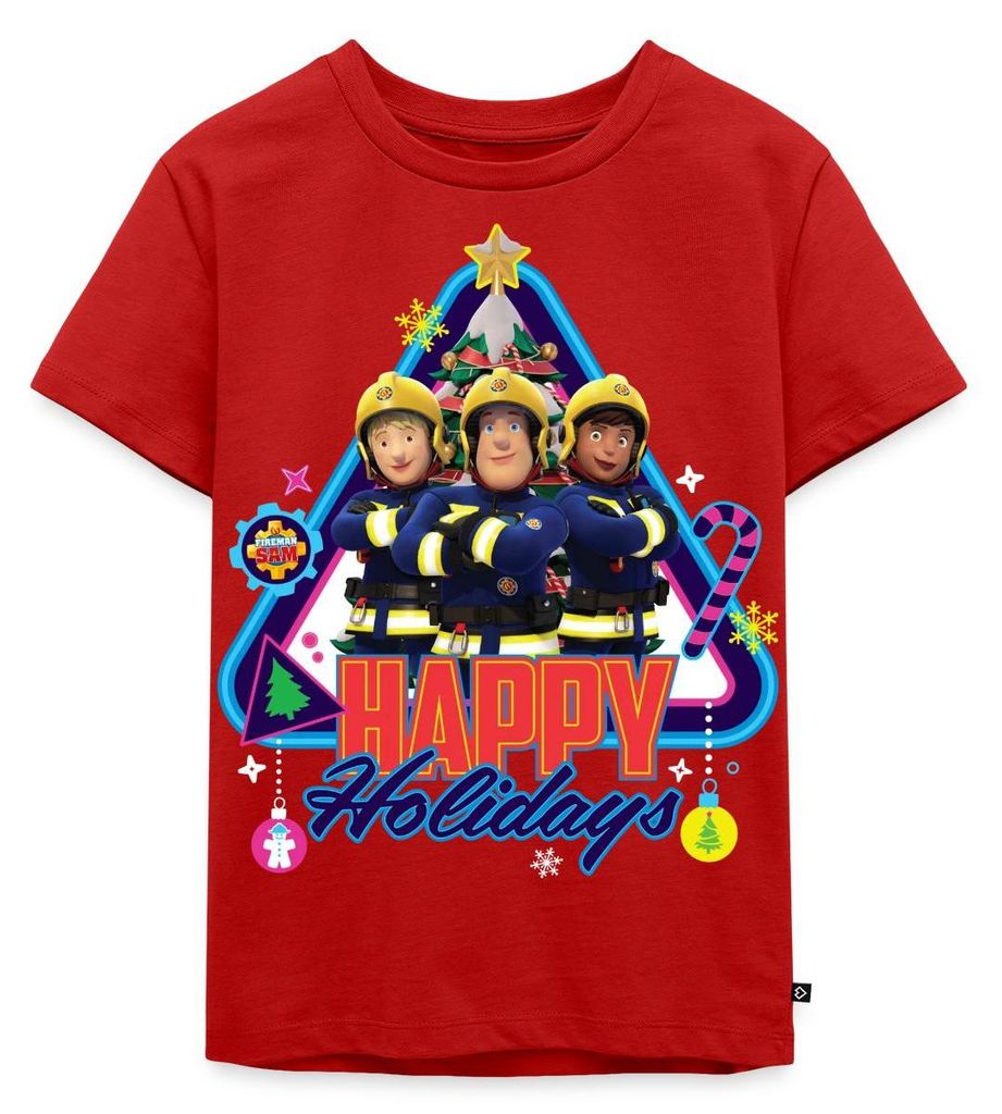 Spreadshirt Feuerwehrmann Sam Happy Holidays From The Team Kinder Premium T-Shirt, 134/140 (8 Jahre), Rot