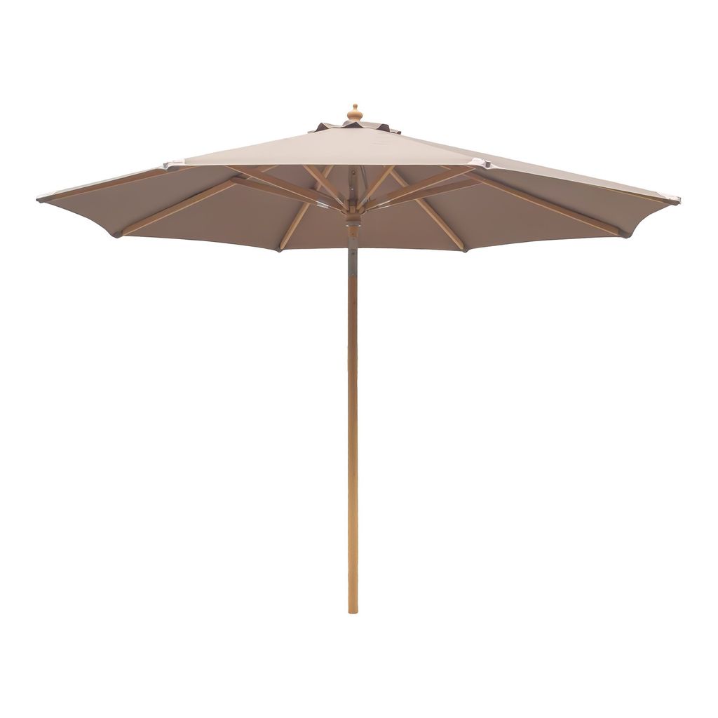 A beige patio umbrella with a wooden pole is shown against a white background.