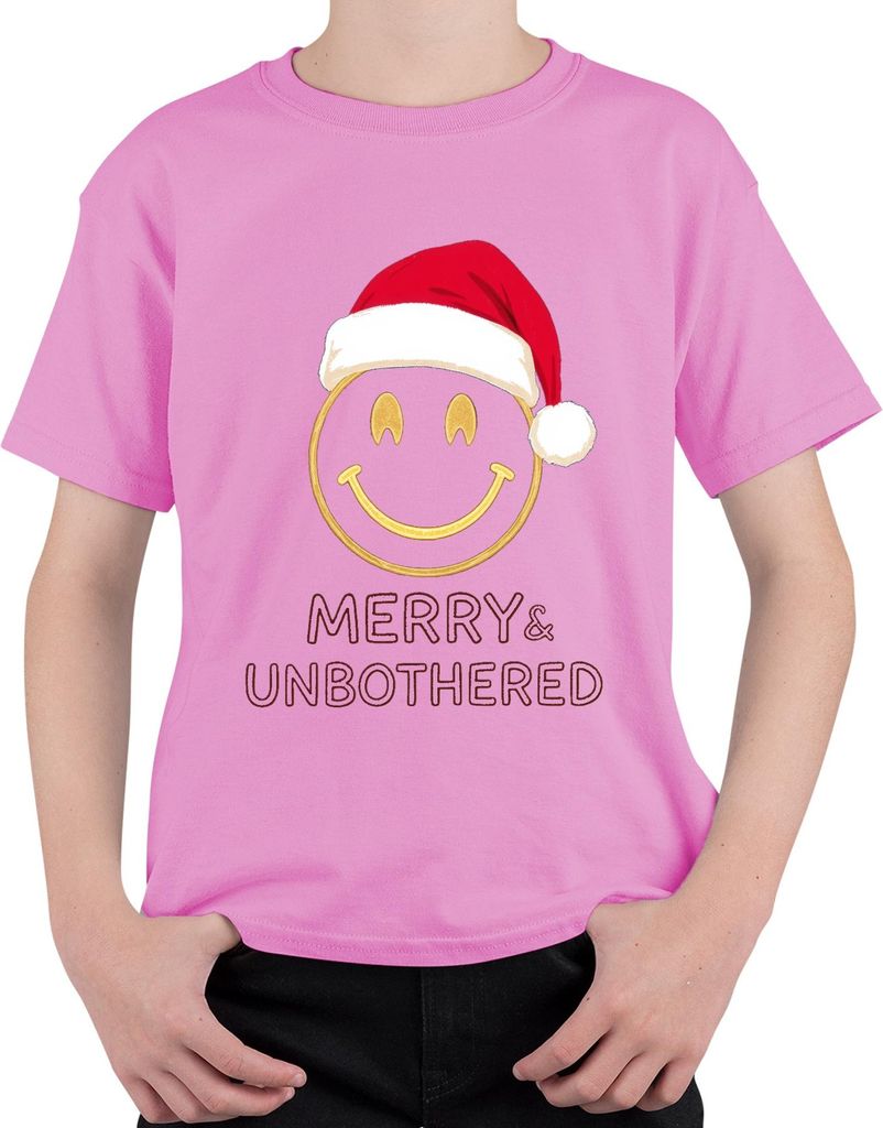 Merry & Unbothered Weihnachten Smiley Gold Santa Hut lustig Uni Kinder T-Shirt, Pink, 116