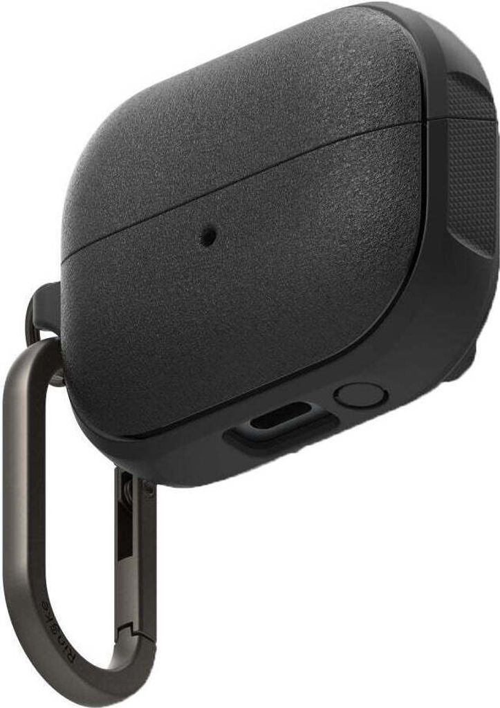 A black protective case for Samsung Galaxy Buds 3 / 3 Pro with a carabiner attached.