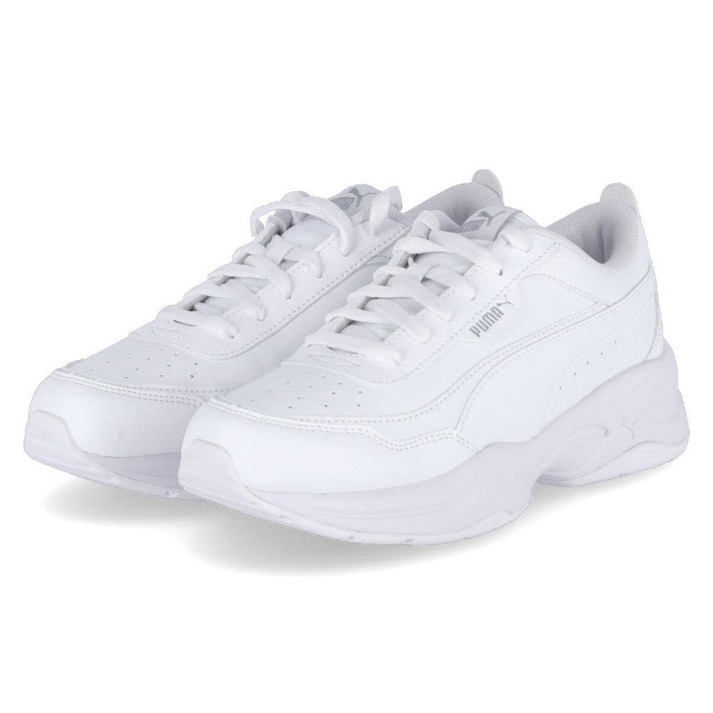 A pair of white Puma sneakers on a white background.