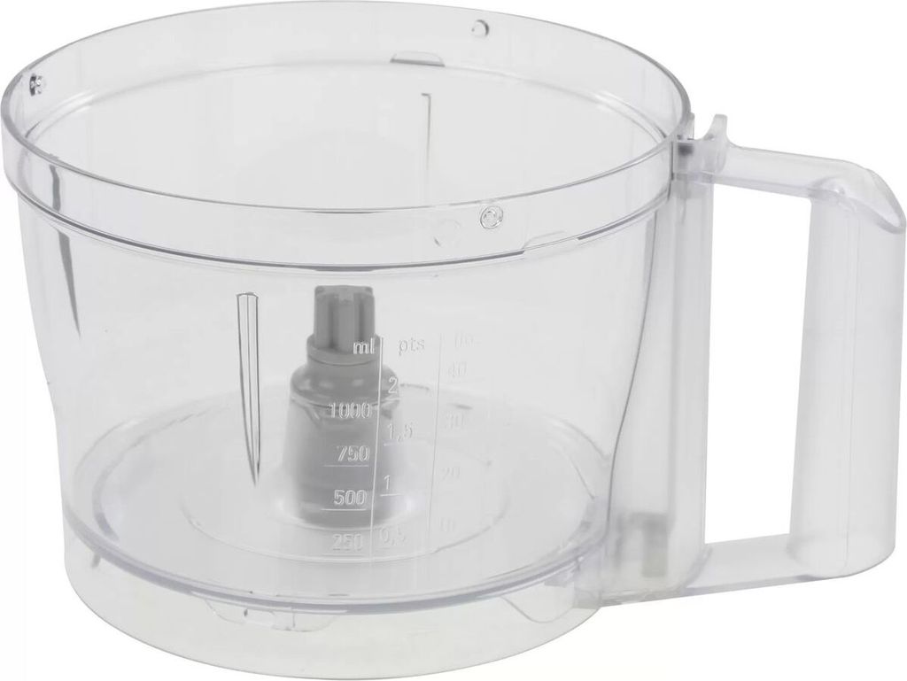 A clear plastic bowl with measurement markings and a central spindle, likely for a food processor or kitchen appliance.
