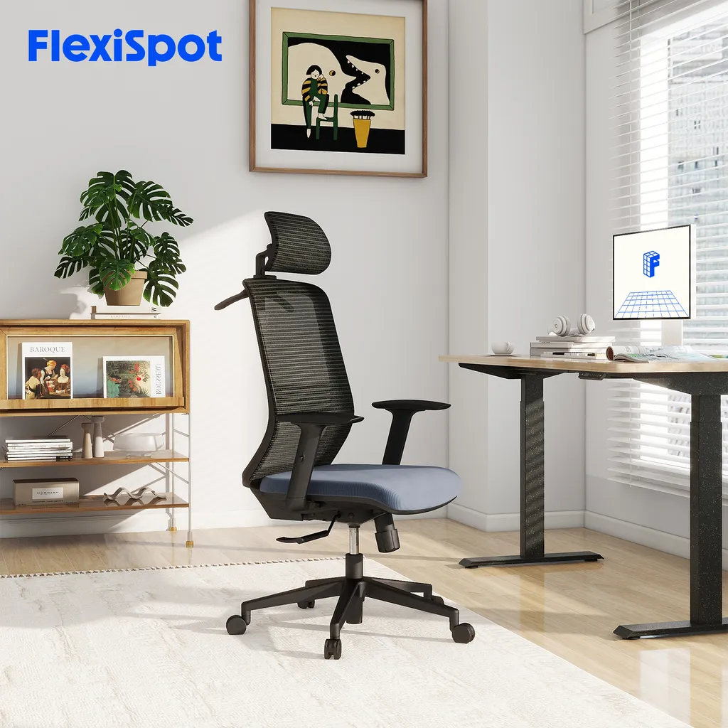 FLEXISPOT Sedia ergonomica da ufficio, sedia da scrivania con appendiabiti, poggiatesta e supporto lombare, bracciolo elevabile, sedile regolabile in altezza per sedia da computer, sedia da lavoro (nero e blu) - 2