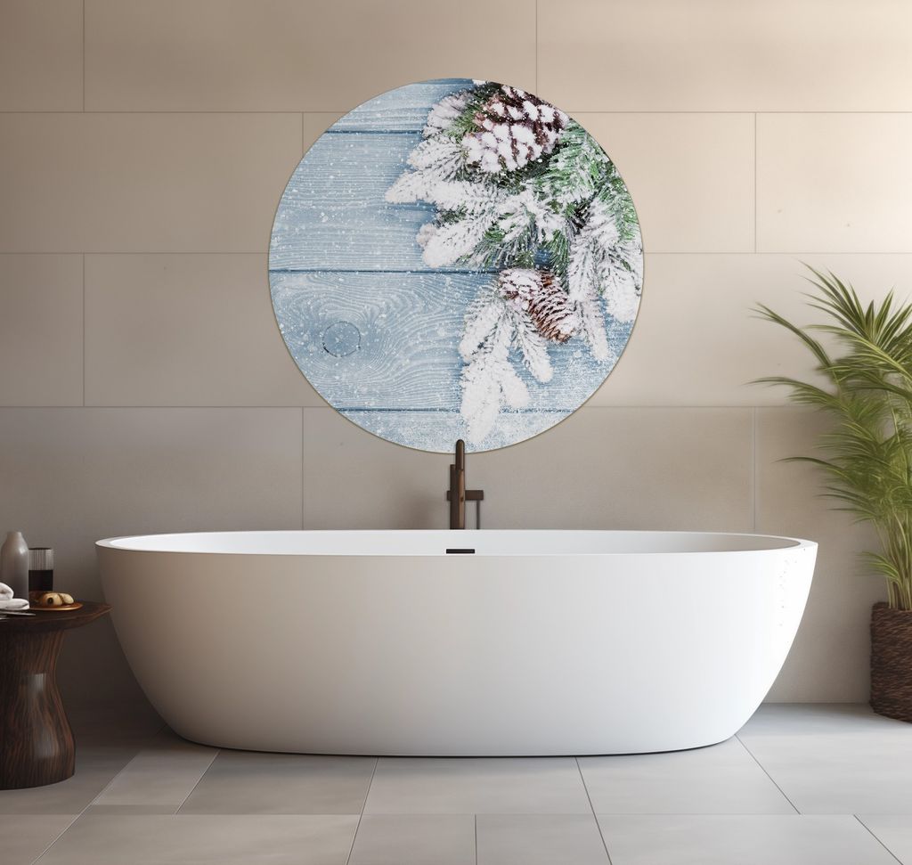 Wallario wasserfestes Poster selbstklebend 90 x 90 cm, Verschneite Tannenzweige auf Holz - Winterdekoration, Badezimmerposter Spritzschutz mit Hoch...