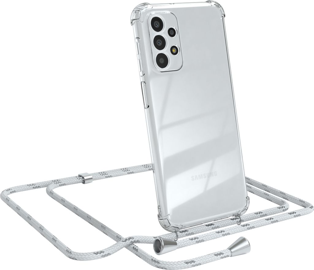 EAZY CASE Handykette kompatibel mit Samsung Galaxy A23 5G, Handyhülle mit Umhängeband, Handykordel, Schutzhülle Clear, Band in Weiß