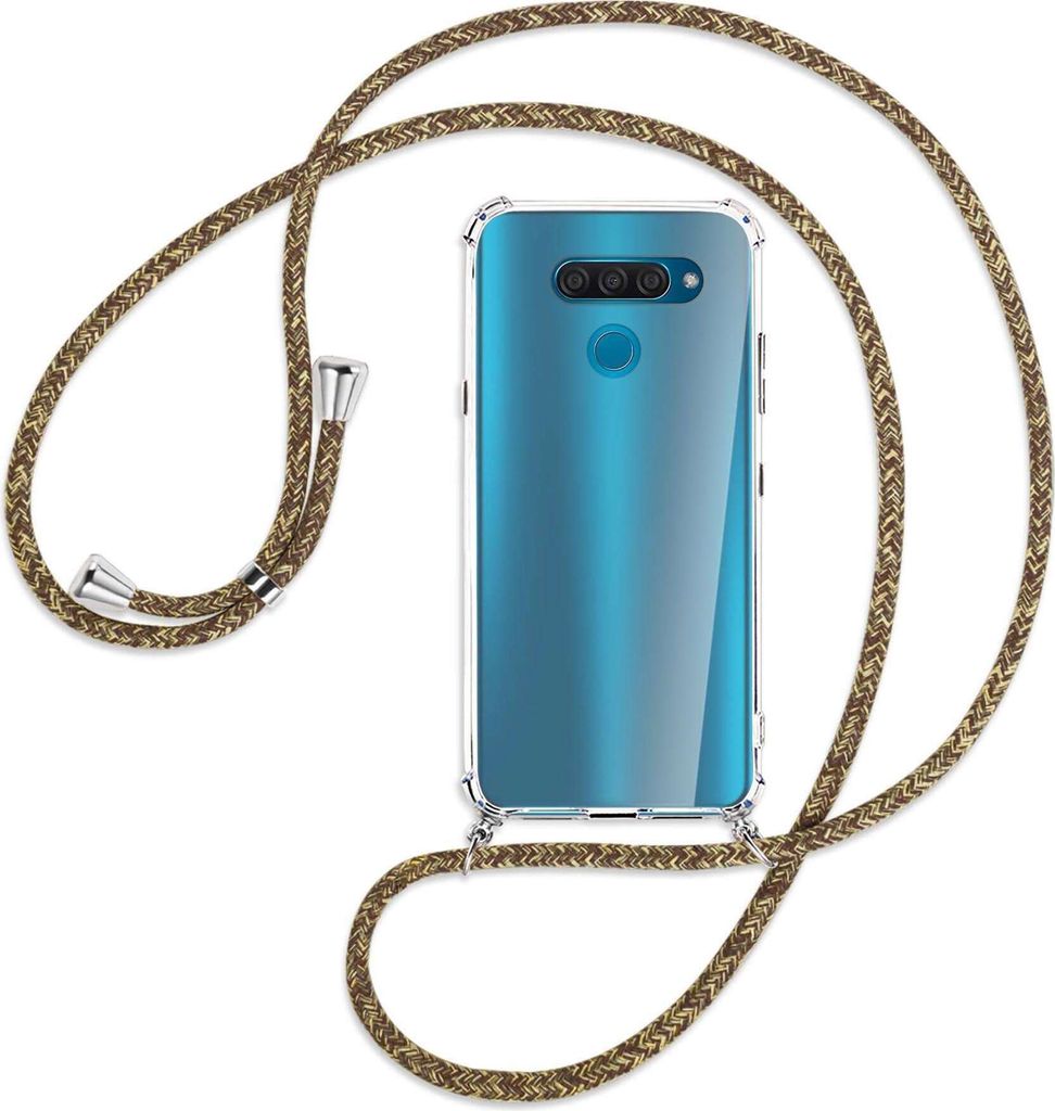 Handykette Backcover-Schutzhülle mit Band (Metall silberfarben) für LG Q60 - braun+beige