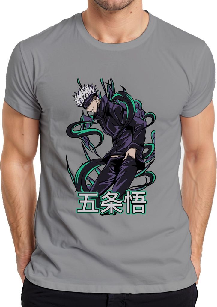Jujutsu Kaisen Gojo 五条悟 Anime Otaku Geschenk Cool Augenbinde Herren T-Shirt, Grau, S