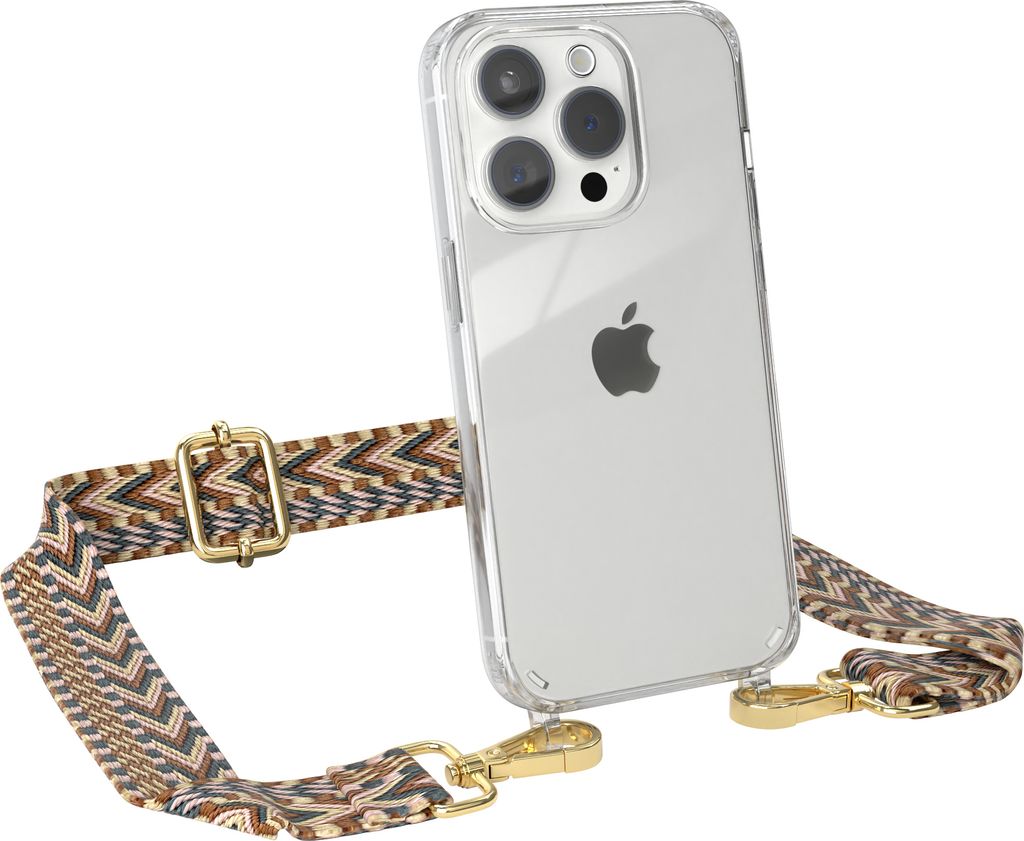 EAZY CASE Handykette - Verstellbarer Trageriemen kompatibel mit Apple iPhone 15 Pro, Handykordel mit transparenter Silikon-Hülle, Band in Braun