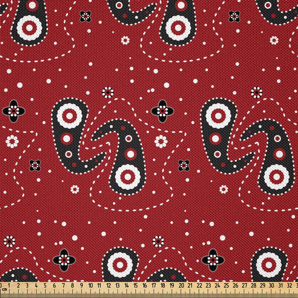 ABAKUHAUS Rot und Schwarz Satin Stoff als Meterware, Asiatischer ethnischer Paisley-Entwurf mit Punkt-Blumen verlässt Mandala-Kunstdruck, 1 M (148...