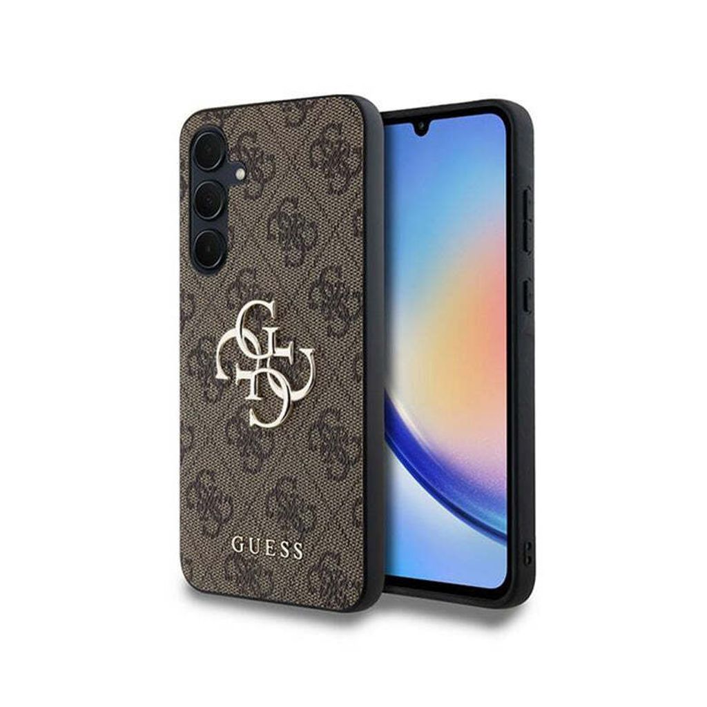 A smartphone case with a repeating Guess logo pattern and a large Guess logo in the center, shown next to a smartphone.