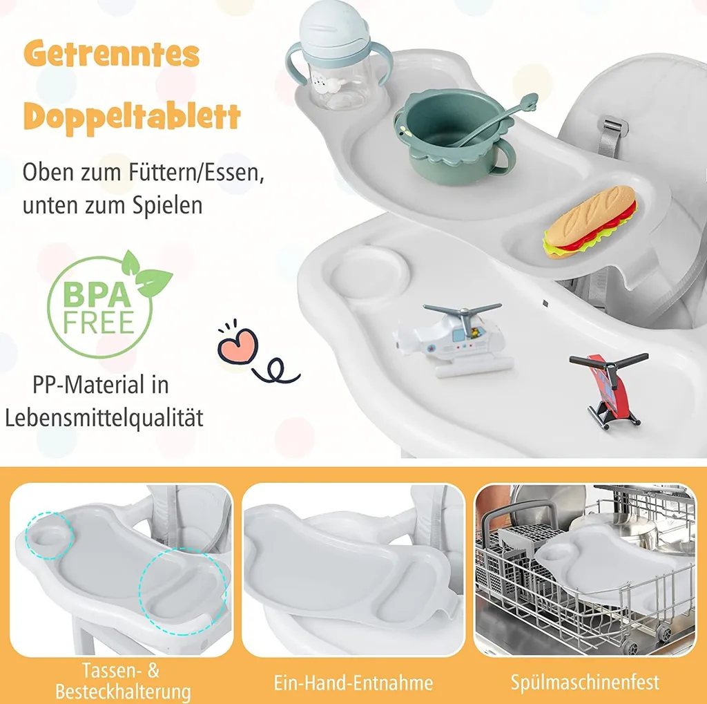 Chaise Haute Transformable Bébé Grise Multi-fonctions avec Plateau Amovible