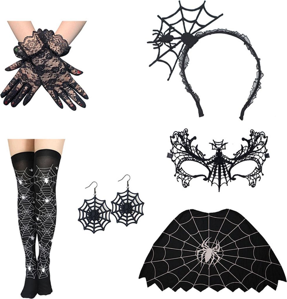 Halloween-Spinnennetz-Kostüm für Damen, schwarzes Spitzen-Stirnband, Halsband, Handschuhe, Spinnennetz-Umhang, Maske, lange Strümpfe bis zum Obe...