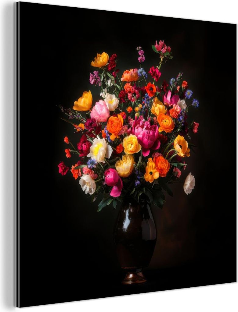 MuchoWow Wanddekoration Metall Metallbild Wandkunst 50x50 cm Bunt - Blumenstrauß - Vase - Dunkelbraun MuchoWow Aluminium Gemälde - Alubild - Indu...