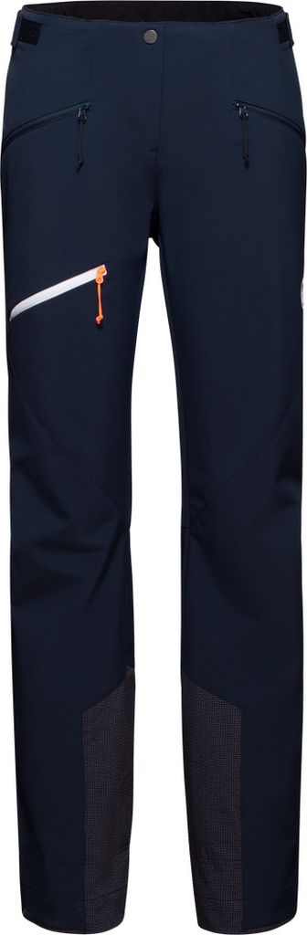 Dunkelblaue Softshellhose für Damen von Mammut mit zwei Reißverschlusstaschen und reflektierenden Elementen.