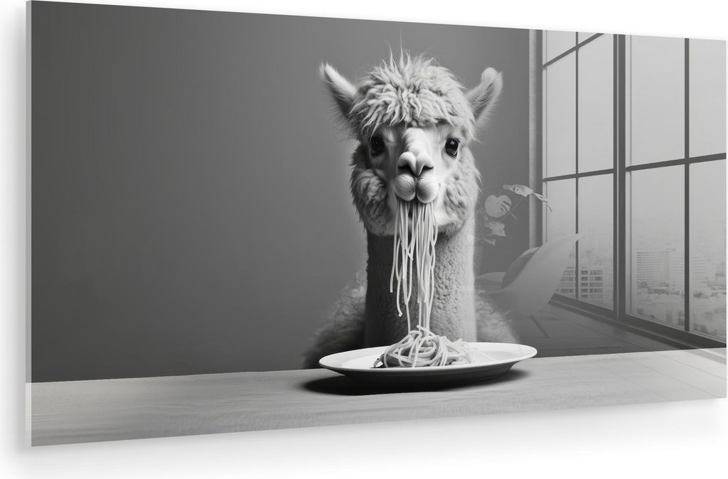 MuchoWow Glasbilder - Bilder auf Wandbild - Foto auf Glas Alpaka - Nudeln - Schwarz - Weiß - Lustig - Tiere 40x20 cm Wanddekoration aus Glas - Acr...