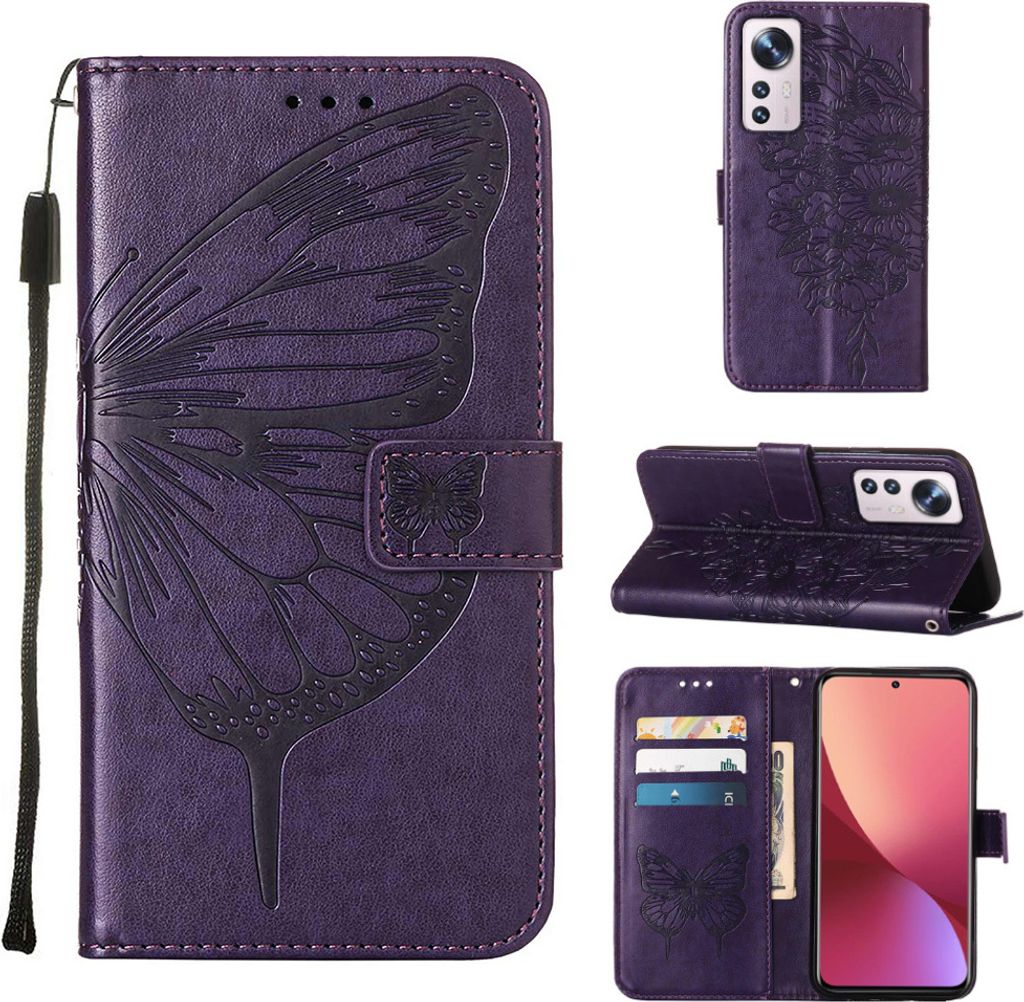 Xiaomi 12 Pro Hülle, Schmetterling Prägung Flip Leder Kartenfächer Schutzhülle Ledertasche mit Ständer für Xiaomi 12 Pro Lila