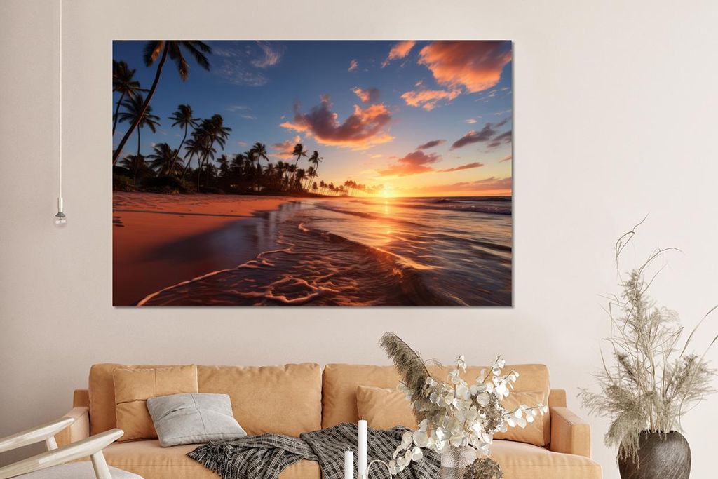 MuchoWow Wanddekoration Metall Metallbild Wandkunst 150x100 cm Sonnenuntergang - Meer - Horizont - Strand - Palmen MuchoWow Aluminium Gemälde - Al...