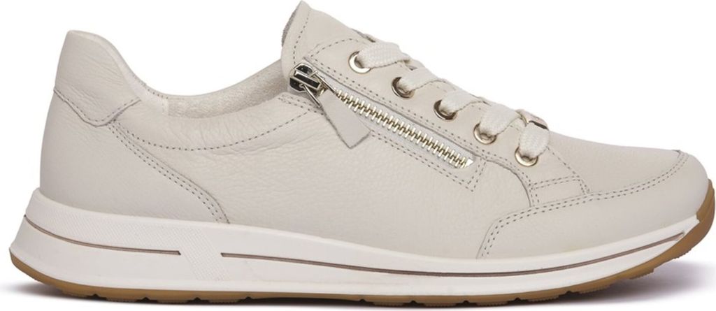 A side view of a cream-colored leather sneaker with a zipper.