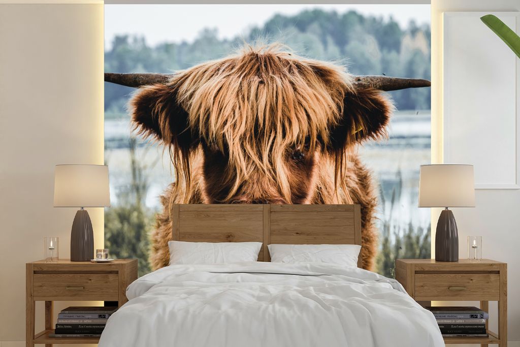 MuchoWow Fototapete für Wohnzimmer oder Schlafzimmer Wandtapete Vinyl Motivtapete Kühe - Schottische Hochlandbewohner - Braun - Natur - 220x220...