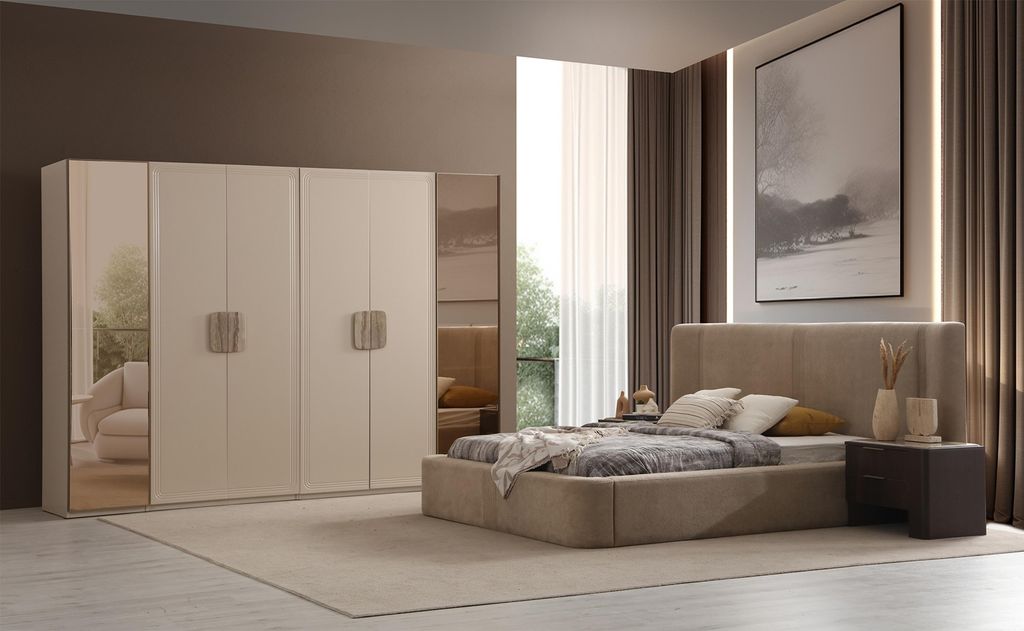 Beiges Schlafzimmer Bett Designer Holz Nachttische Kleiderschrank