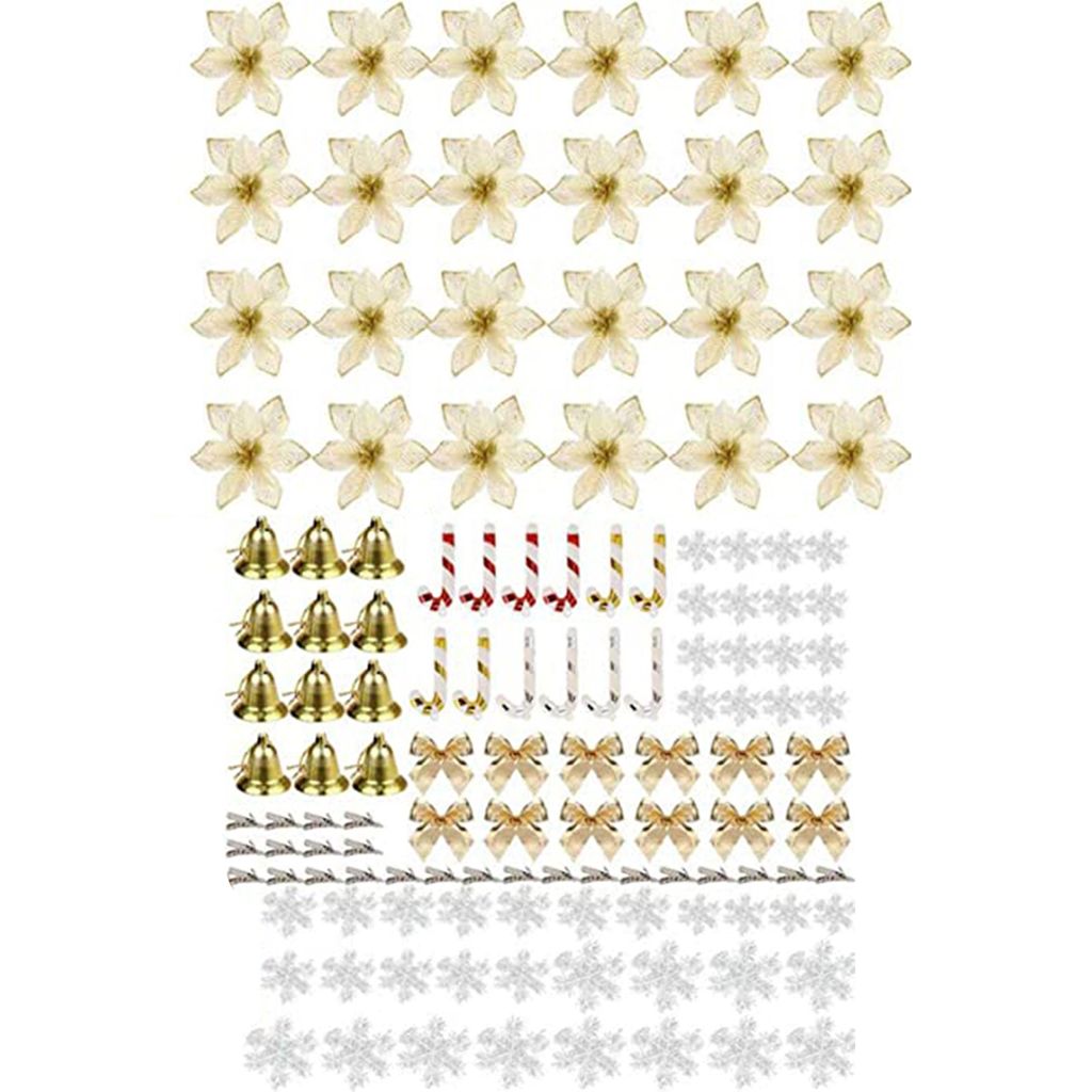 120pcs/Set Weihnachten künstliche Blumenblumen Bowknot Canes Glocken Schneeflocken Szene Szene Layout DIY XMAS Tree Decoration Fake Flower Kit fü...