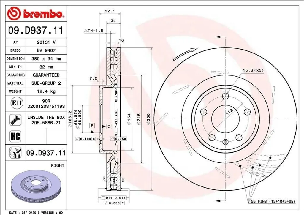 Sécurité de freinage optimale : Disque Brembo 09.D937.11 Macan 95B