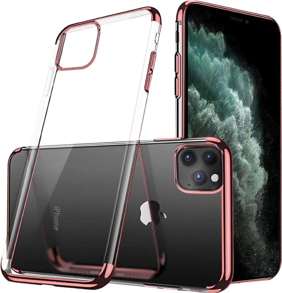 A clear protective case for an iPhone 11 Pro, shown from multiple angles.