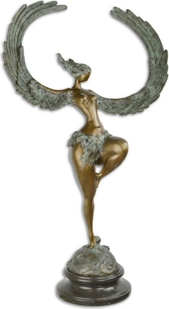 Casa Padrino Luxus Bronze Skulptur Frau mit Flügeln Bronze / Grau / Schwarz 49,7 x 23,8 x H. 90,4 cm - Bronzefigur mit Marmor Sockel