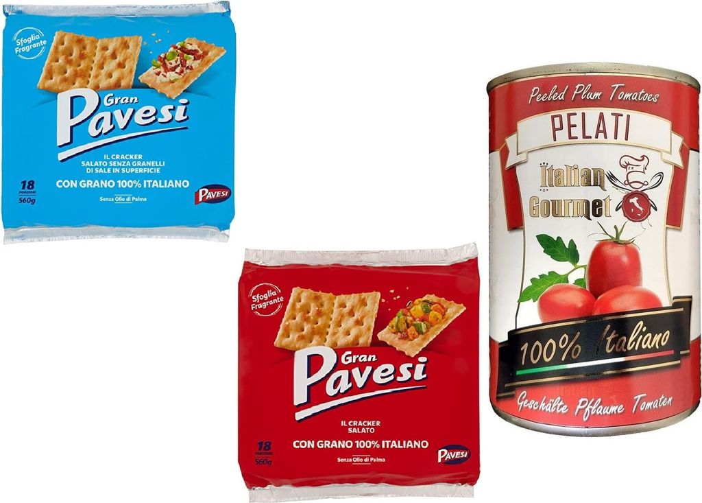 TESTPAKET Barilla Pavesi Crackers 1x Gran Pavesi Cracker Salati - gesalzen 560g 1x Gran Pavesi Crackers ungesalzen 560g (2 x 560g) + 1x Italian Gou...