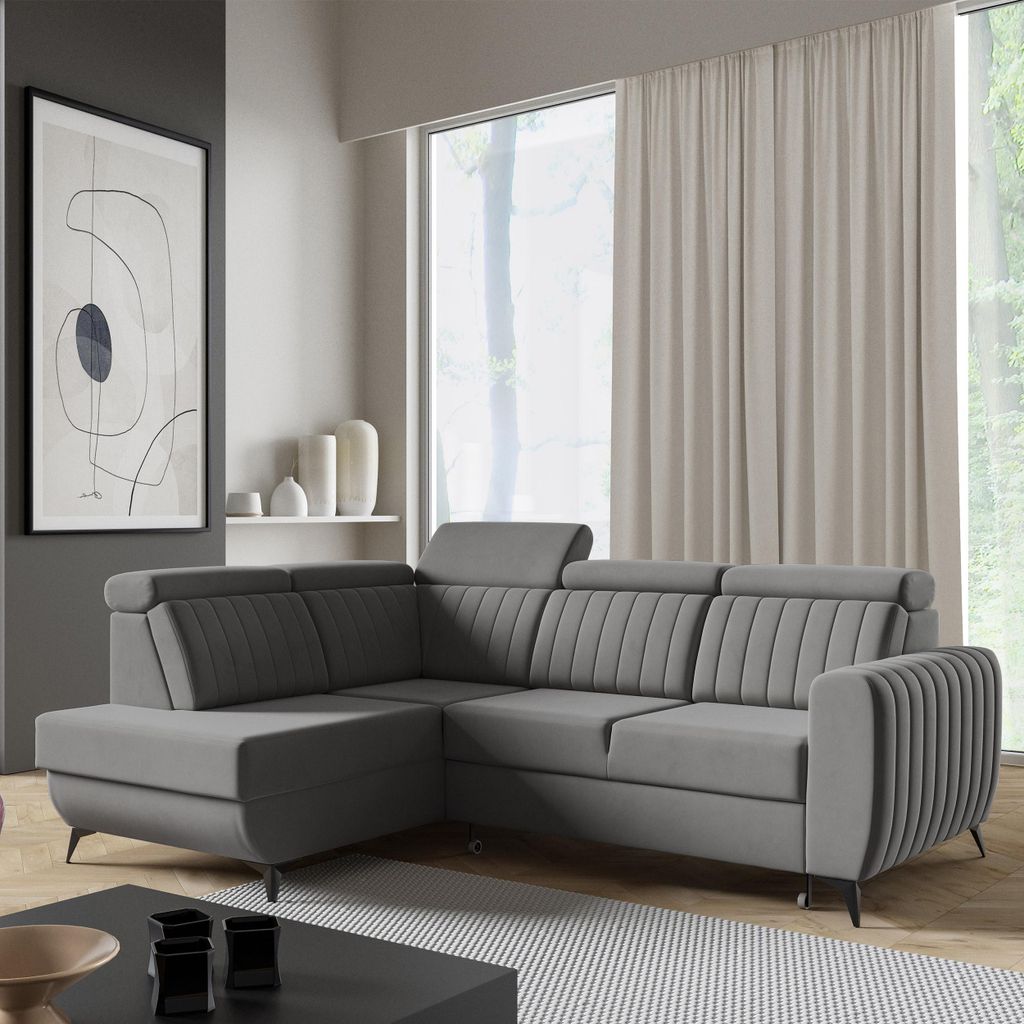 Ecksofa CONNOR II, Dunkelgrau, L-Form - mit Schlaffunktion, Bettkasten & Ottomane links