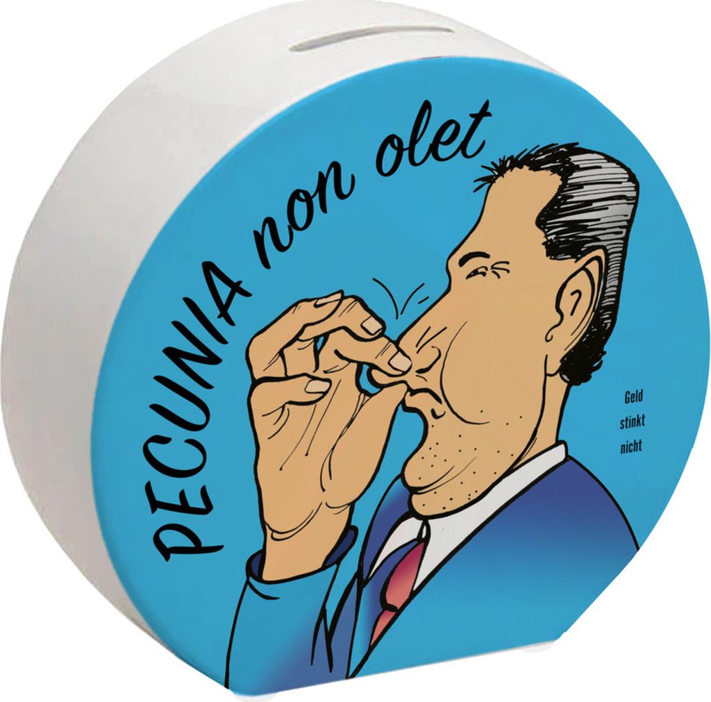 Pecunia non olet Spardose in Blau zum Thema Geld
