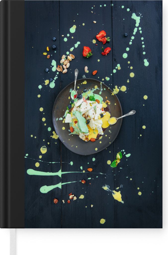 MuchoWow Notizbuch Tagebuch Haushaltsbuch Notebook A5 Meringues auf einem Teller mit Sauce und Obst - Notizblock - Notizheft - Notebook - Schreib...