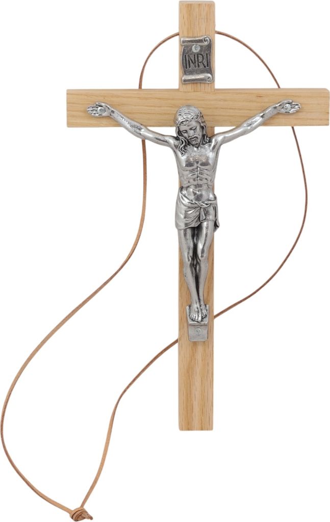 HOLZKREUZ mit Jesusfigur Firmung Sakrament GROSS 25x15 cm Lederband