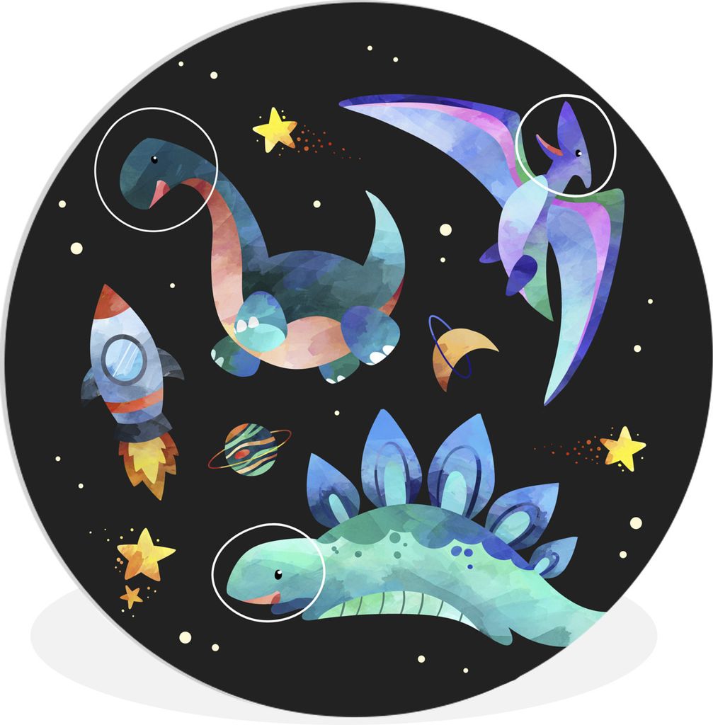 MuchoWow Rundes Wandbild - Runde Bilder Dinosaurier - Rakete - Kinder - Mädchen - Kinder - Kinder Ø 30 cm Kreis Wanddekoration Kunststoff - Wan...