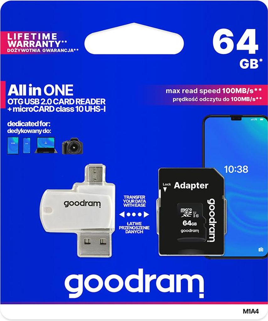 Goodram M1A4 All in One, 64 GB, MicroSDXC, Klasa 10, UHS-I, Zdjęcie produktu 