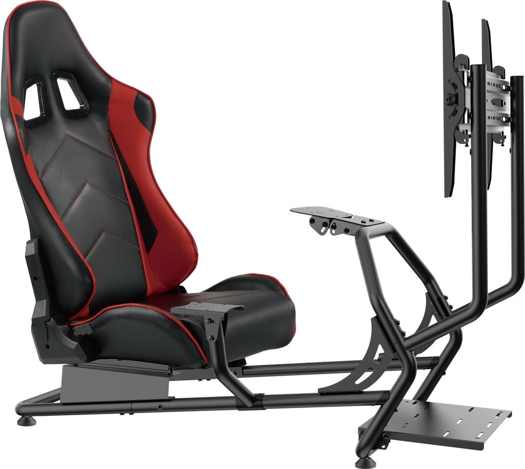 A racing simulator cockpit with a black and red seat, a monitor mount, and a pedal plate, shown against a white background.