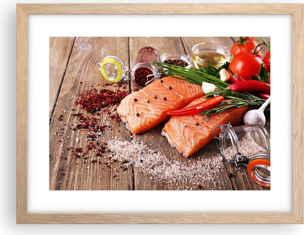 Gerahmtes Poster - Rahmen in heller Eiche - Lachs Fisch Essen Küche - 40x30 cm - Wand Bild - Wanddeko - Wandbilder - Wandposter - Bilderrahmen - B...