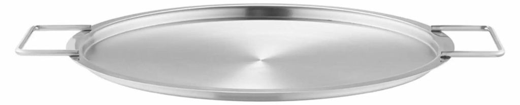 A stainless steel pan with two handles on a white background.