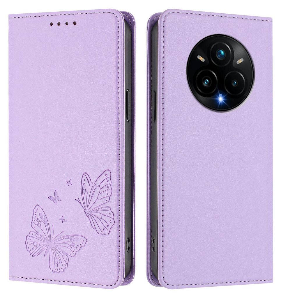Lederhülle für Realme 14 Pro+ 5G, Schmetterling Prägung Leder Brieftasche Schutzhülle mit Ständer Violett