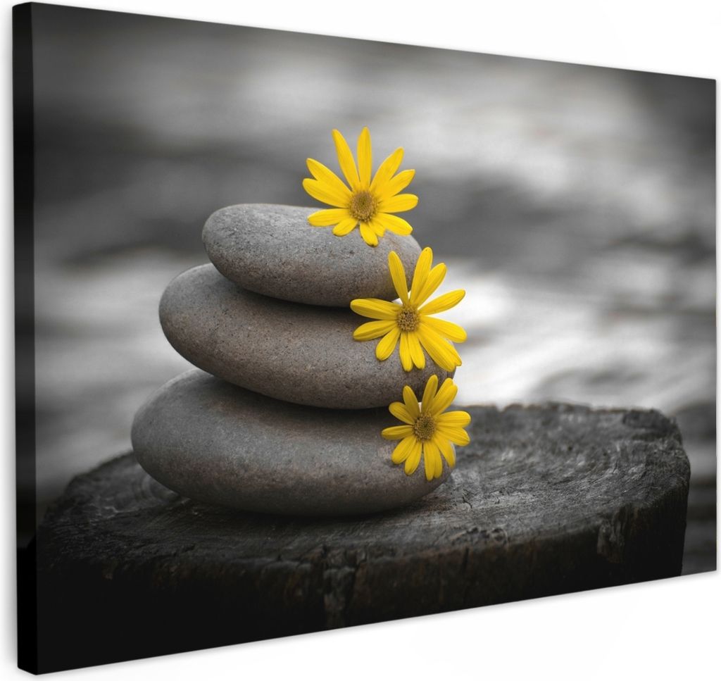 MuchoWow - Leinwandbilder - Zen-Steine - Blumen - Gelb - Natur, Wandbild, Wanddeko Bilder Wohnzimmer, 90x60 cm