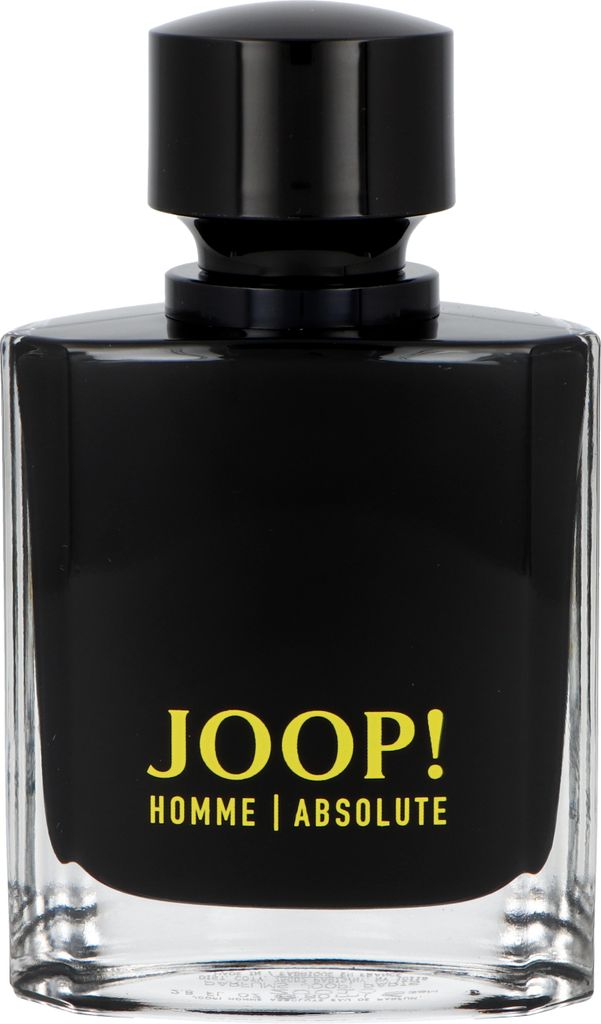 A black perfume bottle with yellow text on a white background.