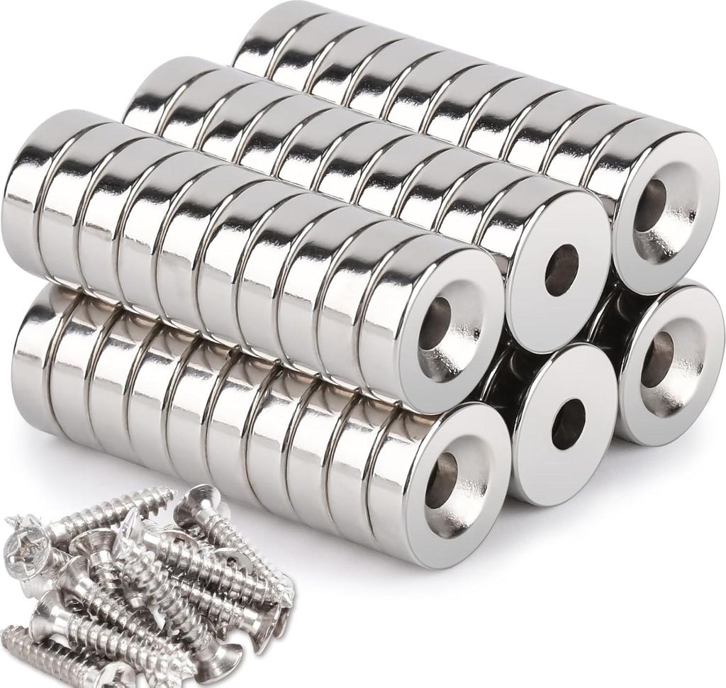 60 Stück extra starke Neodym-Magnete 10 x 3 mm mit Lochschrauben - 3 mm runder Magnet für Magnettafel und Pinnwand in der Küche - Set für Küch...