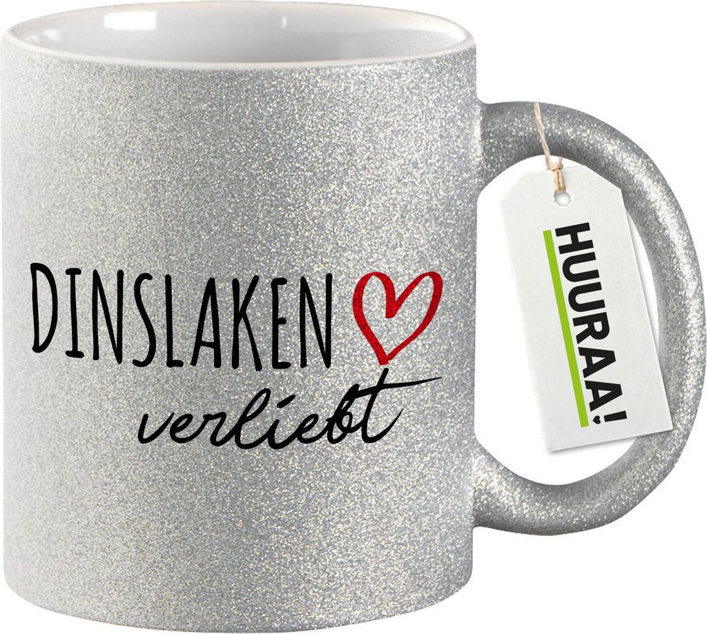 Huuraa Glitzertasse Dinslaken verliebt 330ml Silber Keramik Kaffeebecher Geschenkidee