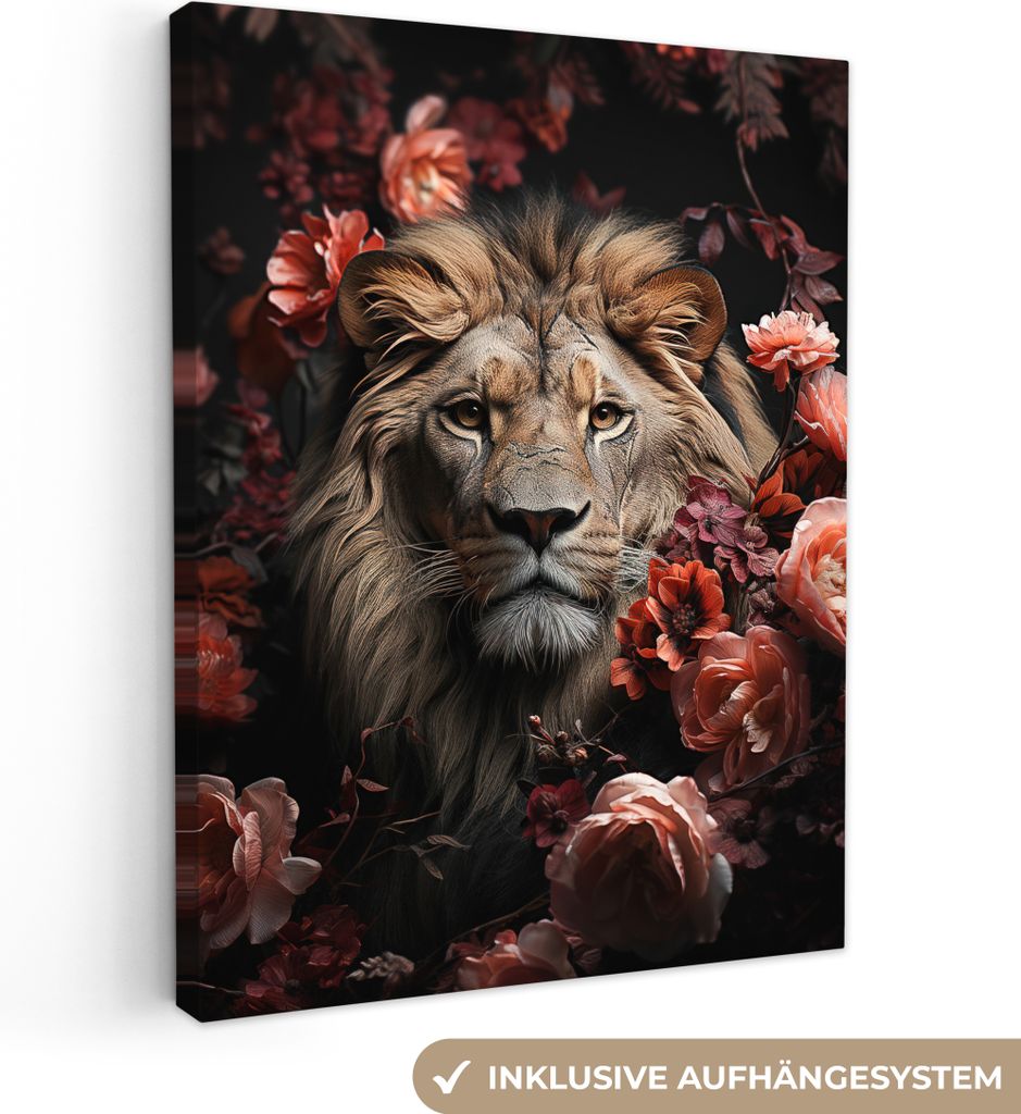 MuchoWow - Leinwandbilder - Löwe - Tier - Natur - Botanisch - Blumen - Rosa, Wandbild, Wanddeko Bilder Wohnzimmer, 90x120 cm