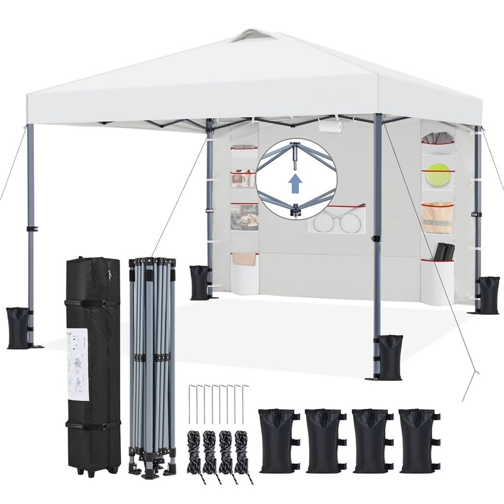 A white pop-up canopy tent and its accessories are displayed against a white background.