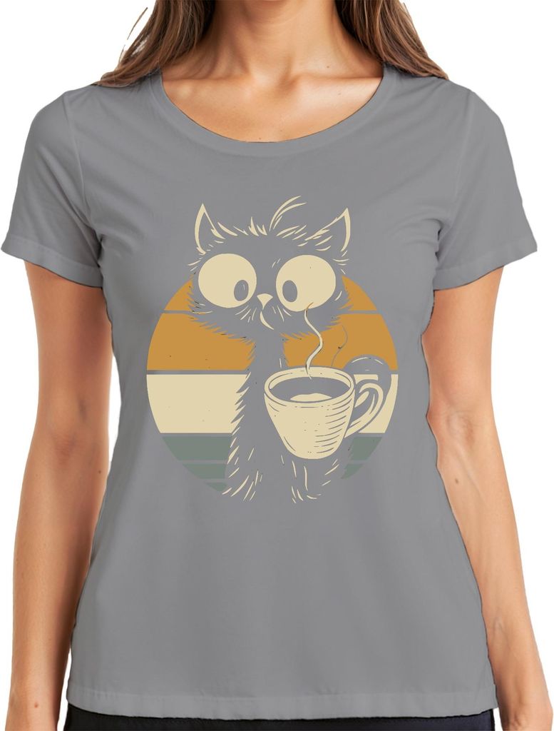 Katze mit Kaffee Kaffeetasse Niedliche Retro Sonnenuntergang Damen T-Shirt, Grau, M
