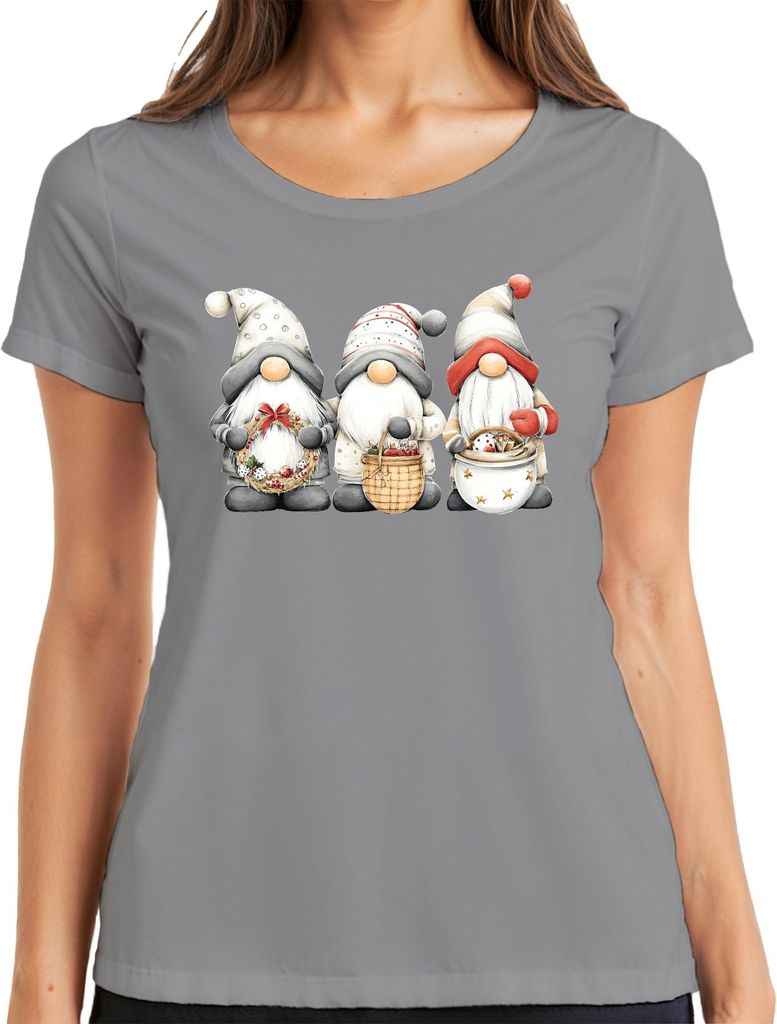 Weihnachtswichtel Gnome Weihnachten Kranz Zipfelhut süß Nordic Damen T-Shirt, Grau, S