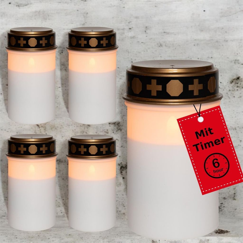 Novaliv Grablicht LED ohne Batterie und Timer 6/18 5 Stück weiß Dauerbrenner Grablichter LED Kerzen Outdoor LED Grabkerze ohne Batterie Friedhofs...